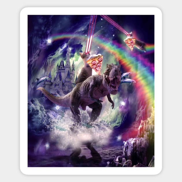 Rainbow Laser Space Cat On Dinosaur Eating Pizza Sticker by Random Galaxy